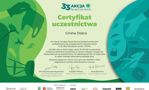 Zdjęcie do Certyfikat dla Gminy Dobra za 33 akcję Sprzątanie świata